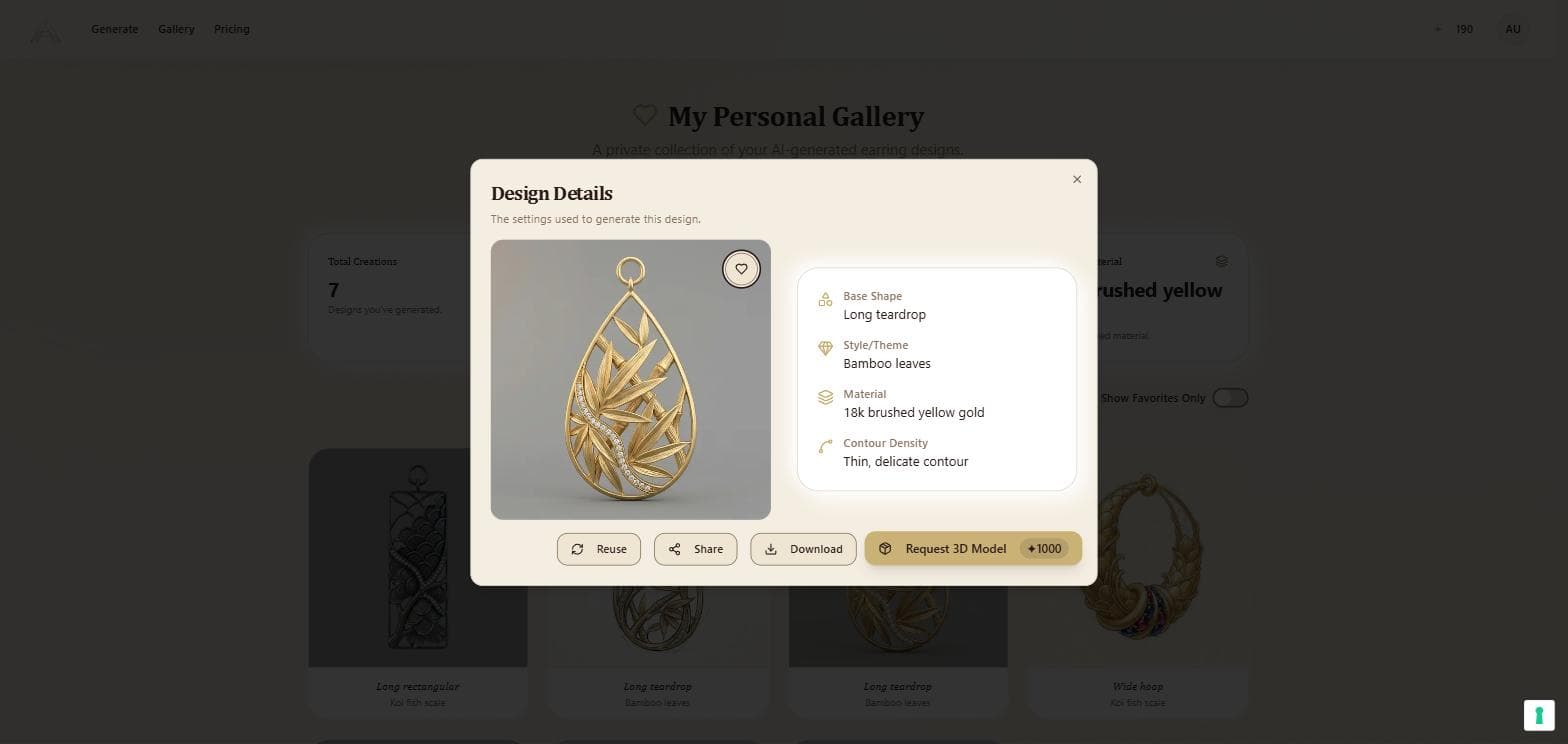 Dettaglio di un design generato con parametri e azioni disponibili