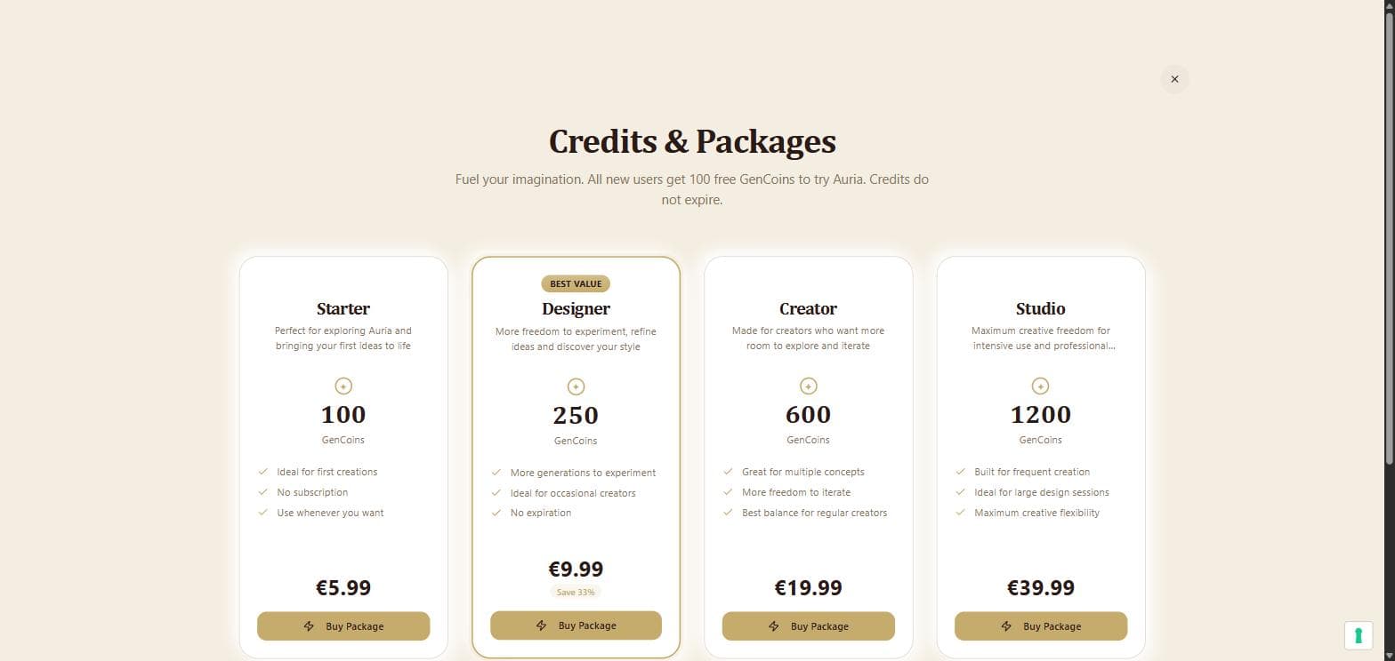 Pagina prezzi di Auria con i pacchetti di crediti GenCoin disponibili
